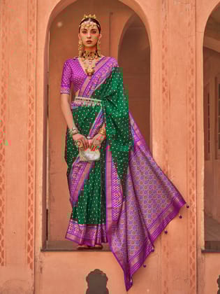 Dark Green Soft Silk Printed Patola Saree