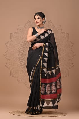 Hand block printed chanderi silk Sarees with blouse