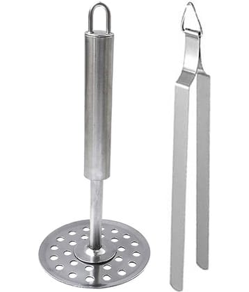 JISUN - Silver Stainless Steel Potato Masher & Roti Chimta ( Set of 2 )