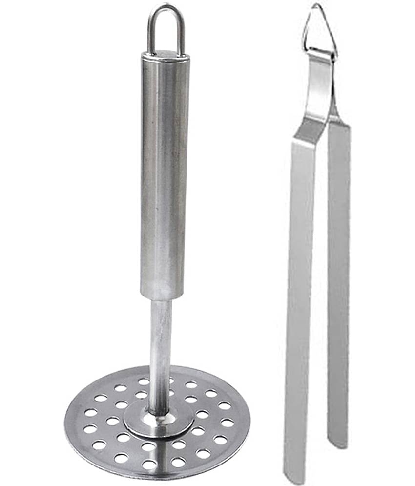 JISUN - Silver Stainless Steel Potato Masher & Roti Chimta ( Set of 2 )