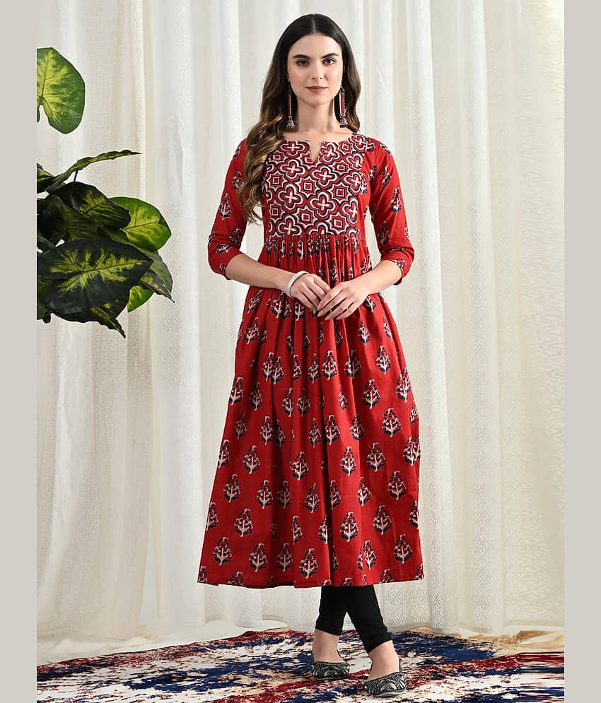AMTHI Red Anarkali Cotton Women's Stitched Ethnic Gown ( Pack of 1 )