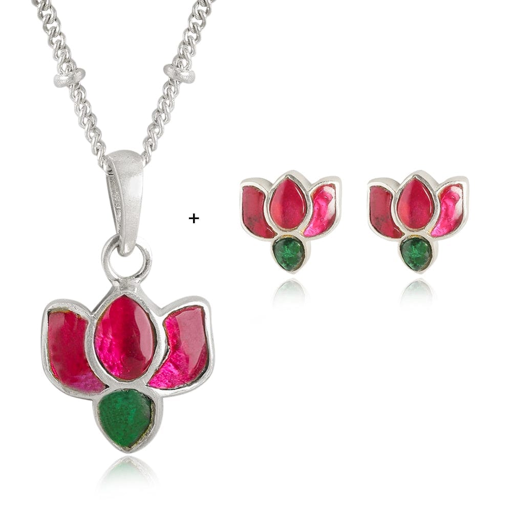 92.5 Silver Kundan Lotus Stud Earrings-Earring+ Necklace