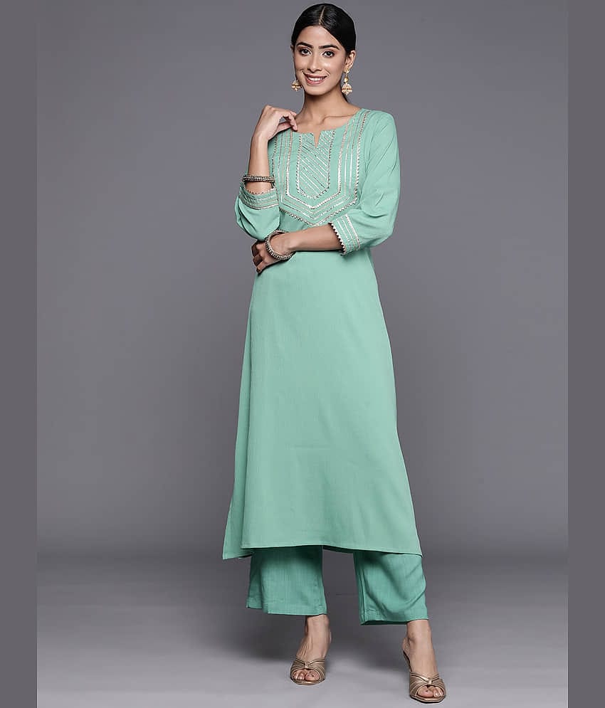 Varanga Crepe Embellished Straight Women's Kurti - Sea Green ( Pack of 1 )