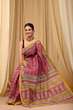 Hand block printed chanderi silk Sarees with blouse