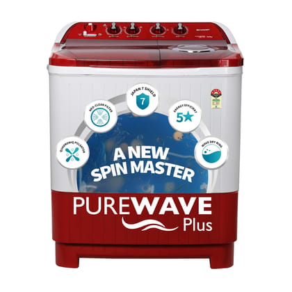 SHARP 8.0 kg, 5 star Semi-Automatic Top Loading Washing Machine with Quadroniq Pulsator, Wave Dry Ring, 1300 RPM (ES-SD80NB-TR, Ruby Red, Pure Wave+) Ruby Red / 8 Kg