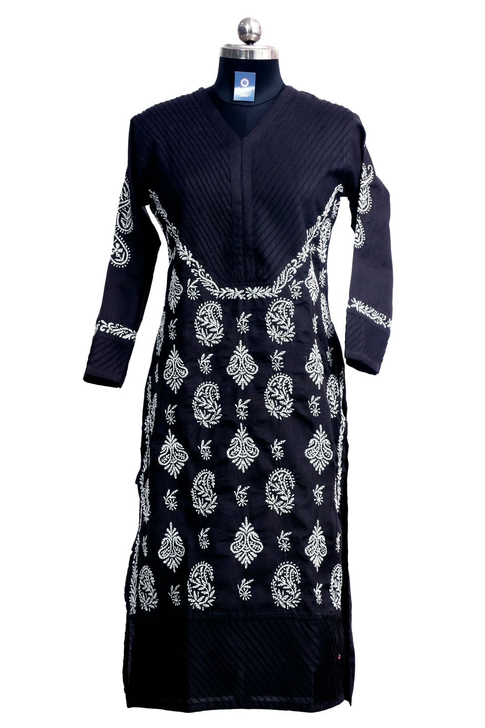 Handloom V Neck Kurti - Black