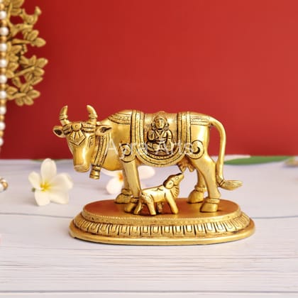 Brass Kamdhenu Cow and Calf Idol for Pooja Mandir - 4 Inch Height Brass Kamdhenu Cow and Calf Idol for Pooja Mandir - 4 Inch Height