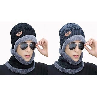 Fashlook Woolen Black, Grey Casual Winter Cap (Pack of 2)