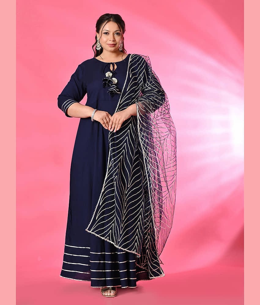 PrettyPlus by Desinoor.com Women Viscose Rayon Embellished Anarkali Kurti with Dupatta ( Navy )