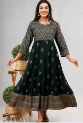 Stylish and beautiful Gold Printed Rayon long Kurta/Gown(Green)