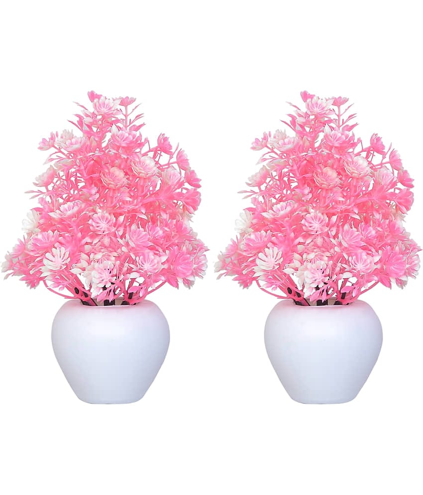 MODO Artificial Plant With White Plastic Pot  Pink Bonsai Plastic - Pack of 2