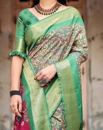 Emerald Green & Magenta Tussar Silk Saree with Zari Weave and Tassel Finish-Regular