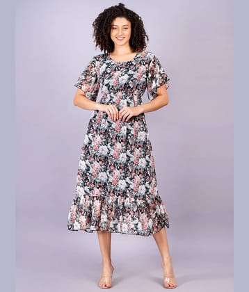 HIGHLIGHT FASHION EXPORT Women Georgette Printed Fit & Flare Dress ( Black )