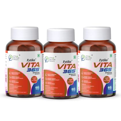 Fytika Vita 365, 3 in 1 Multivitamin - Boosts Energy, Gut Health, Manages Stress, Ashwagandha, Probiotics, Ginseng, For Men, Women-180 Tablets