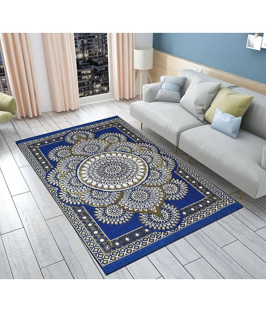 FURNISHING HUT Blue Cotton Carpet Abstract 5x7 Ft