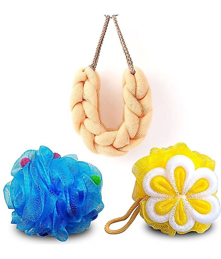 Majestique Long Bath Loofah Mesh Exfoliating Bath Scrubber Body Shower Sponge - Pack of 3 Multicolor
