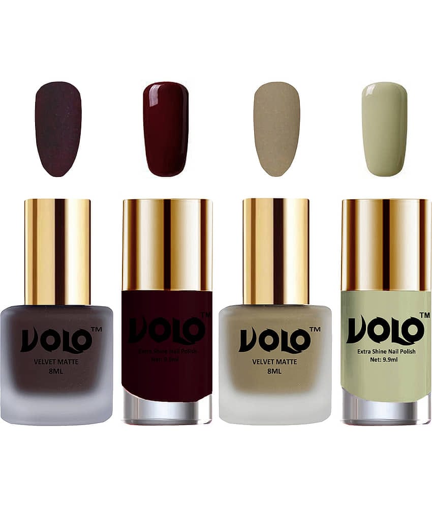 VOLO Extra Shine AND Dull Velvet Matte Nail Polish Coffee,Nude,Maroon, Grey Glossy Pack of 4 36 mL