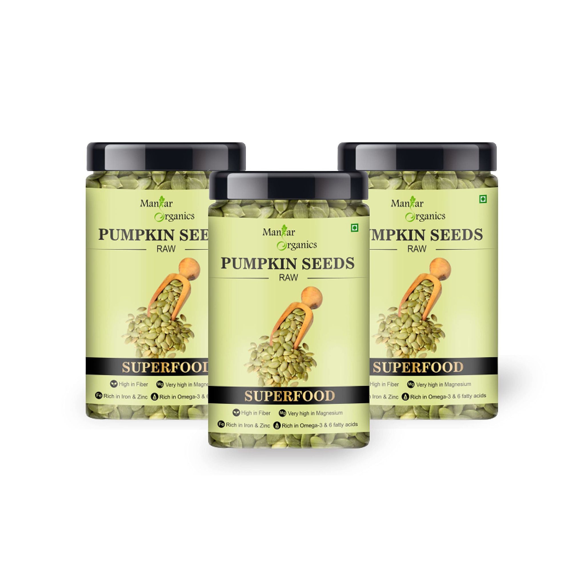 ManHar Organics Raw Pumpkin Seeds for eating 1575gm- AAA Grade |Protein and Fiber Rich Superfood| ( pack of 3, 525gm jar each )
