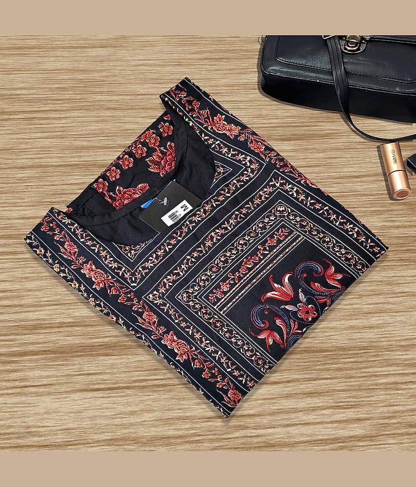 Ethnicbasket Pack of 1 Crepe Printed Straight Women's Kurti - ( Black )