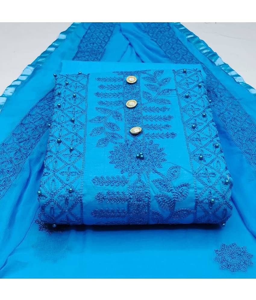 Gazal Fashions Unstitched Cotton Blend Embroidered Dress Material - Blue ( Pack of 1 )