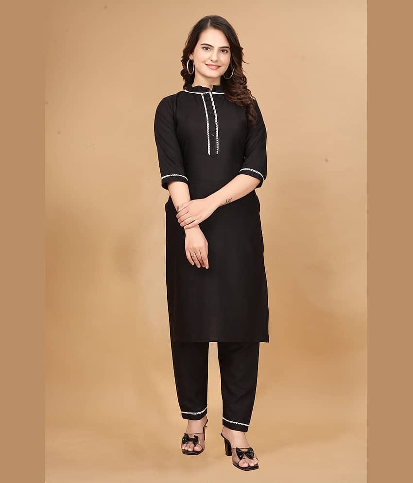 Nirja Fab Rayon Solid Kurti With Pants Women's Stitched Salwar Suit - Black ( Pack of 1 )