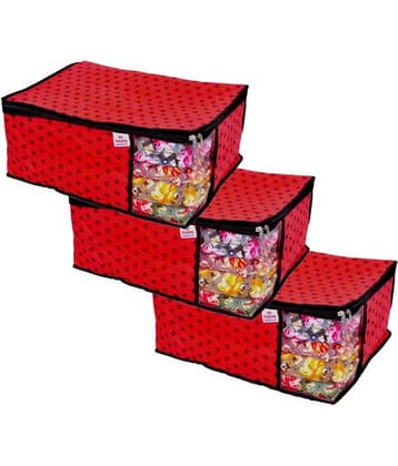 SH. NASIMA Non Woven Printed Saree Cover Bag Wardrobe with Transparent Window( Pack of 3, Red)