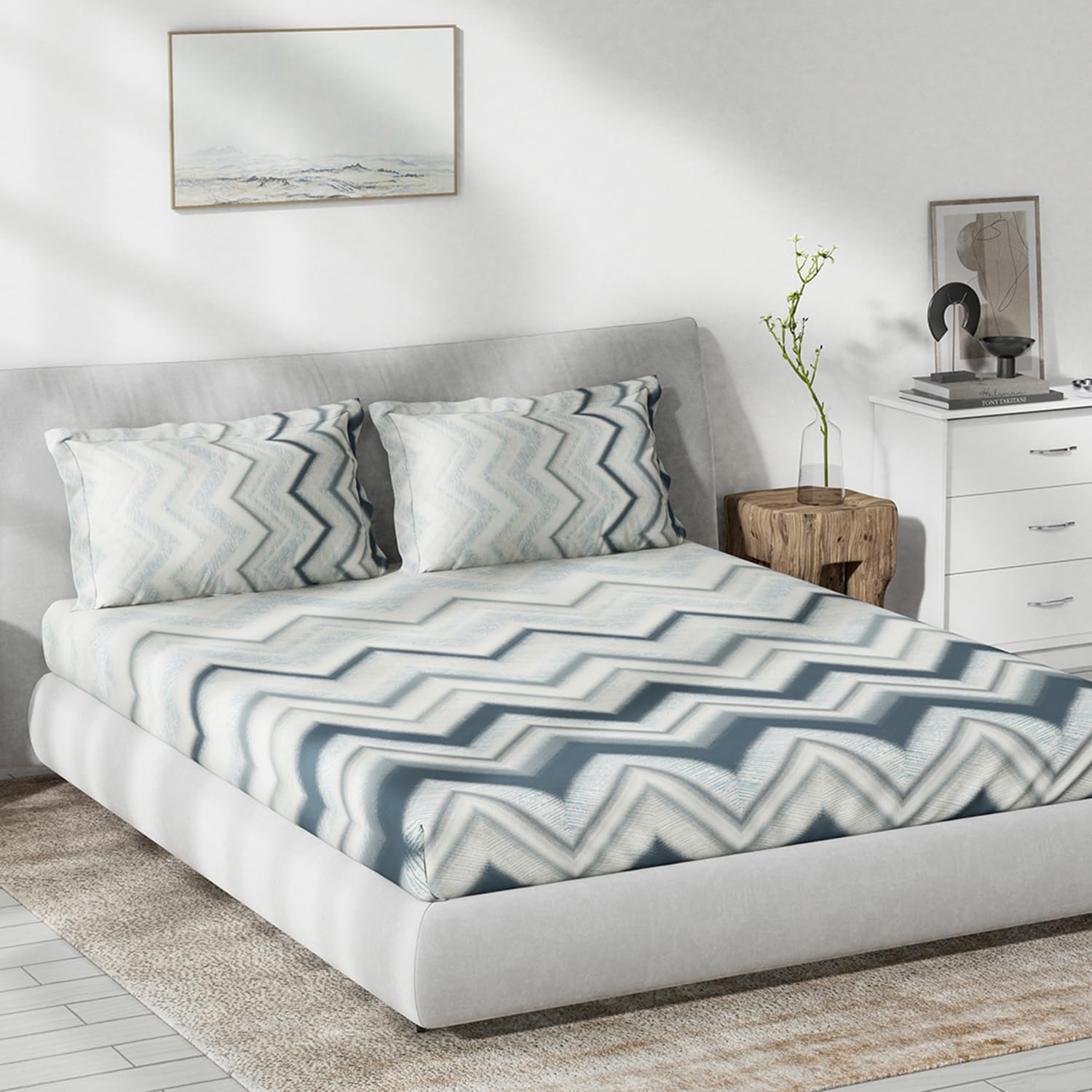 DDECOR - Primary Collection 100% Cotton Geometric Pattern 136TC King Fitted Sheet|180 CM X 198 CM| - Blue