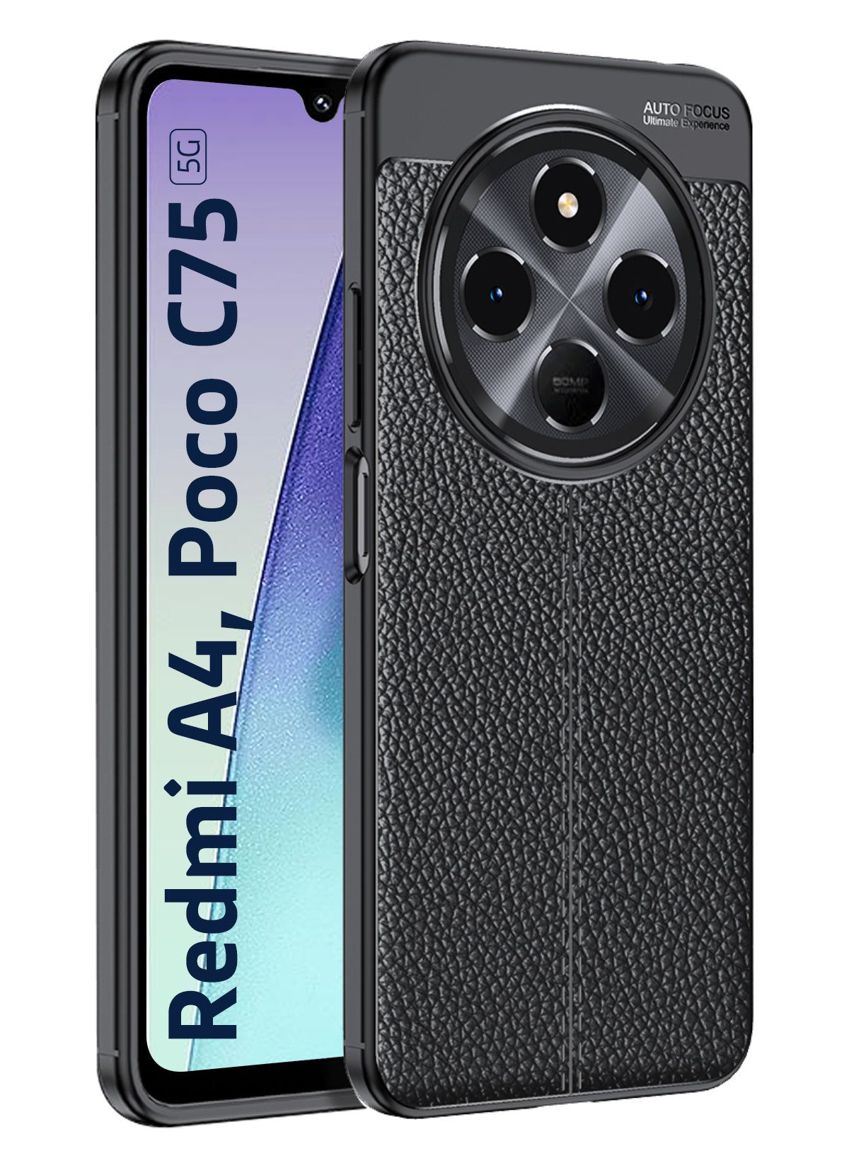 Vegan Leather Rugged Flexible TPU Series Shockproof Armor Back Cover for POCO M7 5G, Redmi 14C 5G, Redmi A4 5G, POCO C75 5G, 6.88 inch, Black