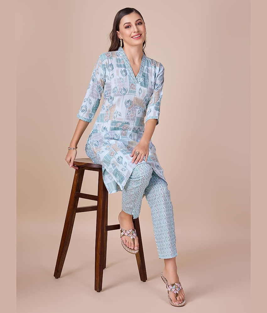 Women Basket Cotton Blend Printed Kurti With Pants Women's Stitched Salwar Suit - Blue ( Pack of 1 )
