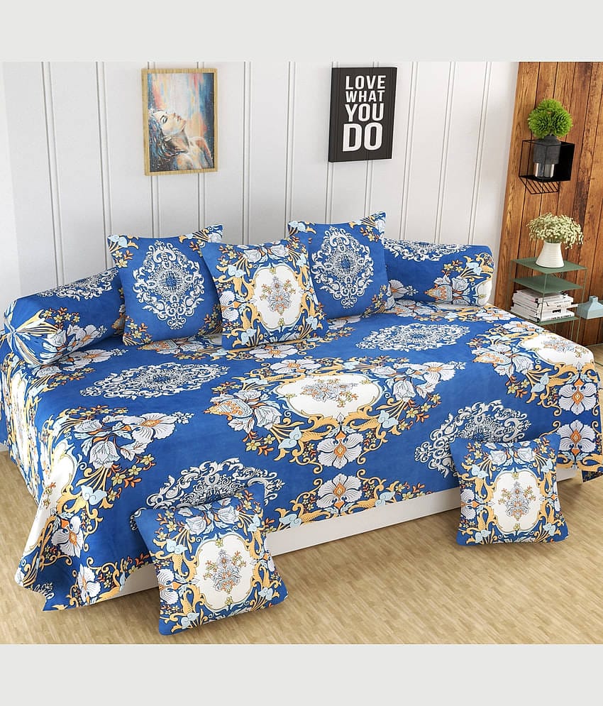 Homefab India Microfibre Abstract Diwan Set 8 Pcs - Blue