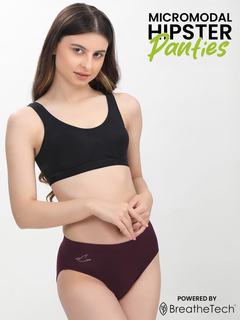 Freecultr Women’s Micromodal Mid-Rise Hipster | Super Soft & Breathable Fabric | Medium Rear Coverage | Comfortable Stretch Elastic | Pack of 3 |Color - Port Wine,Sable Black,Coffee