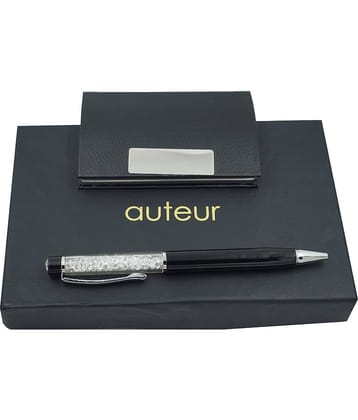 auteur 2in1 Corporate Gift Set Crystal Diamond Black (Blue Ink) Ball Pen With Premium RFID safe Black Pu Leather Card Wallet Magnetic Clouser Ideal for Every Gifting Occasion| Gift For Men|Women|Boss|Friends|Birthday|Anniversary(VCH58)