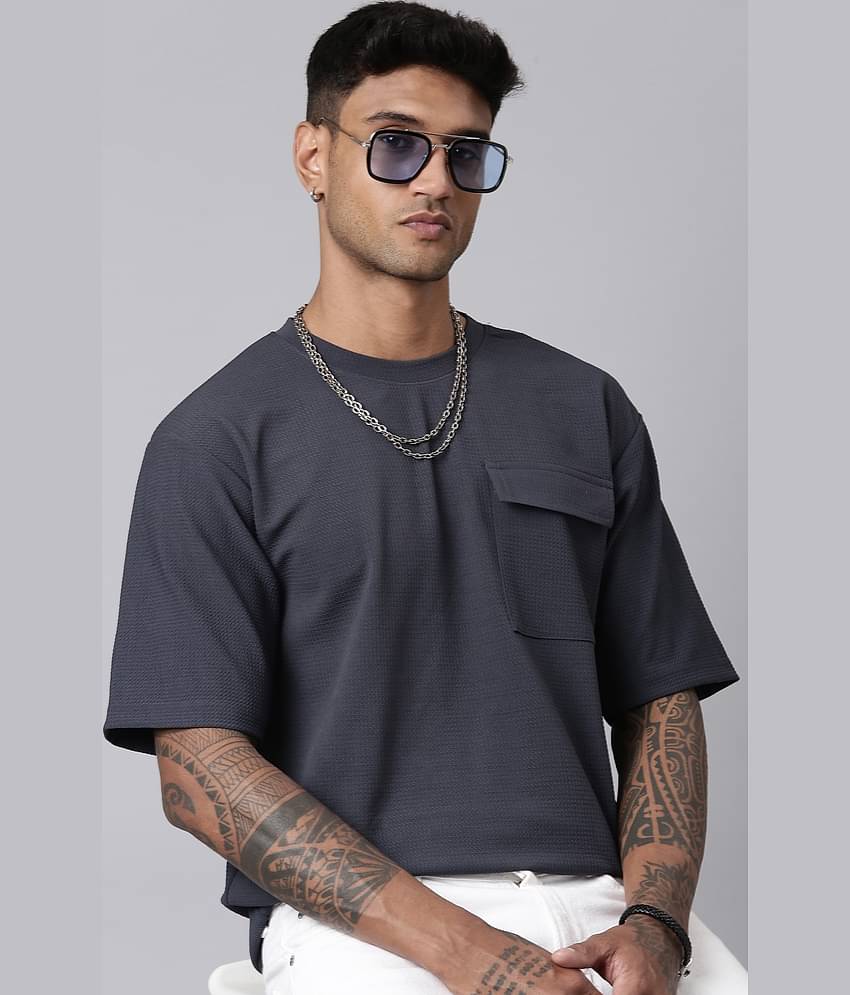 LEWEL Polyester Oversized Fit Solid 3/4th Sleeves Men's Round T-Shirt - Blue ( Pack of 1 )