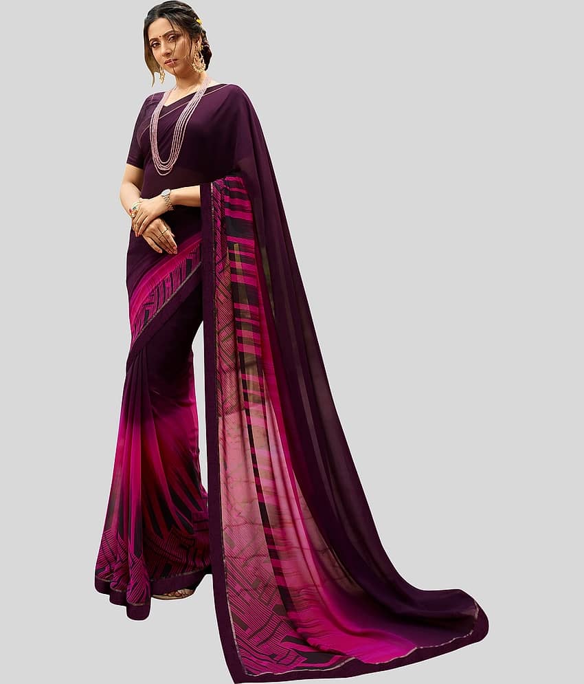 Gazal Fashions Chiffon Printed Saree With Unstitched Blouse Piece ( Purple,Pink )