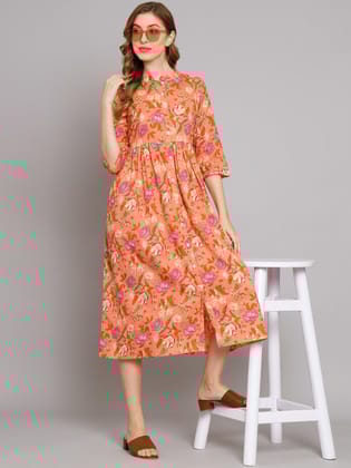 Peach Floral Cotton Flared Dress-S