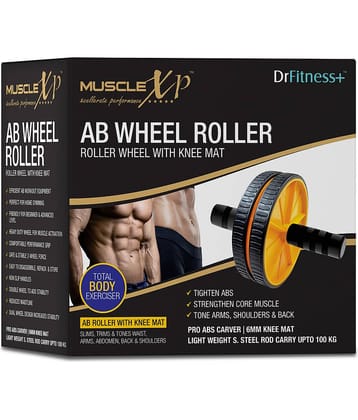 MuscleXP DrFitness+ AB Wheel Roller With Knee Mat, Stainleess Steel Rod, 6mm Knee Mat, To Tighten Abs, Strengthen Core Muscles, Tone Arms, Shoulder, Back (Black / Yellow)