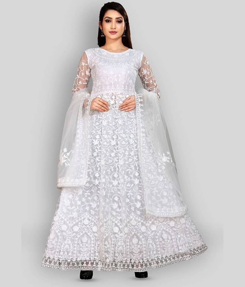 Apnisha - White Flared Net Women's Stitched Ethnic Gown ( Pack of 1 )
