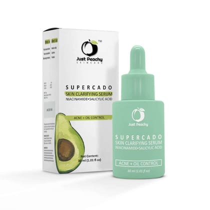 Just Peachy SUPERCADO Skin Clarifying Serum With 10% Niacinamide, 2% Salicylic Acid, Tea Tree, Avocado and Zinc | For Acne, Blemishes & Oil Control | Anti Acne Face Serum for Oily Acne Prone Skin 30ml