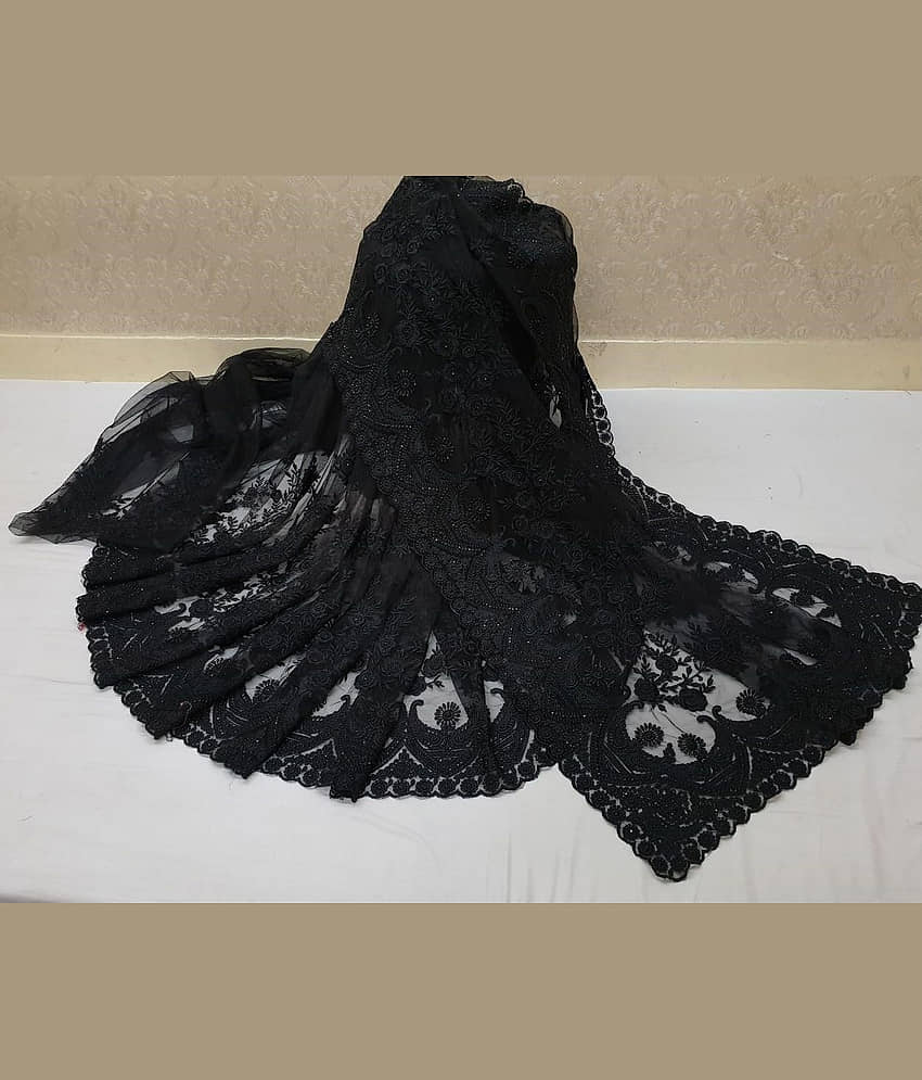 Apnisha Net Embroidered Saree With Unstitched Blouse Piece ( Black )