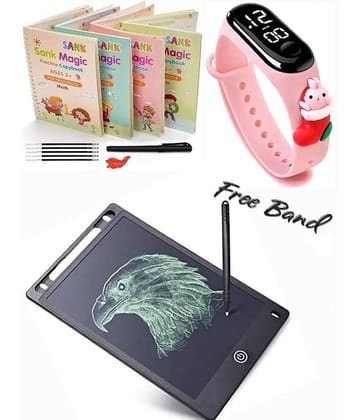 Combo Of 3 Pack - Sank Magic Practice Copy book & LCD Writing Tablet slate & LED Taddy Band Watch Digitel Multicolor By Vinay Book Store