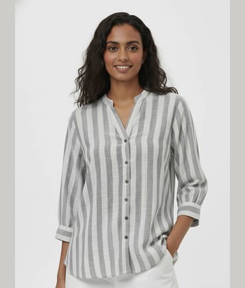 QuaClo Women Striped Cotton Blend Shirt ( Coffee )