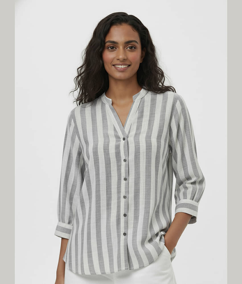 QuaClo Women Striped Cotton Blend Shirt ( Coffee )