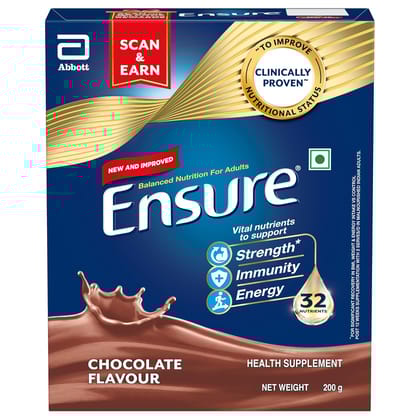Ensure Complete, Balanced Nutrition Drink For Adults 200g, Chocolate Flavour, Now With A Special Ingredient HMB And 32 Essential Nutrients To Help Build & Protect Muscle Strength