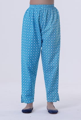 White Cotton Pant with Blue Motif-L