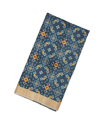 Steel Blue Handloom Tussar Silk Saree With Printed Floral Motifs-Steel Blue
