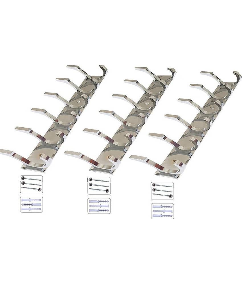 OJASS Stainless Steel & Aluminium Premium Heavy Quality - 6 PIN Duck Cloth Hanger Bathroom Wall Door Hooks with 6 Screw and 6 Grip (Pack of 3 pcs) DHS06SS3L