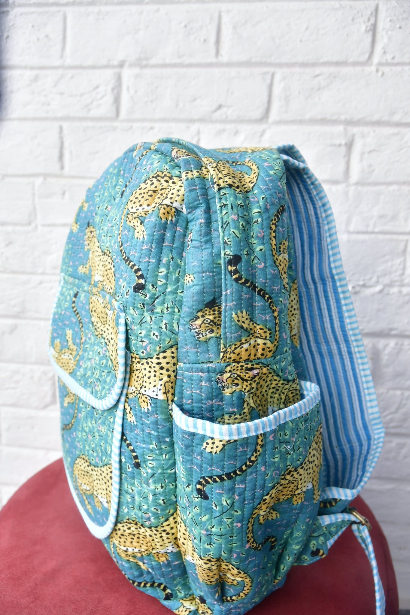 Leopard Print Blue Handblock Cotton Backpack