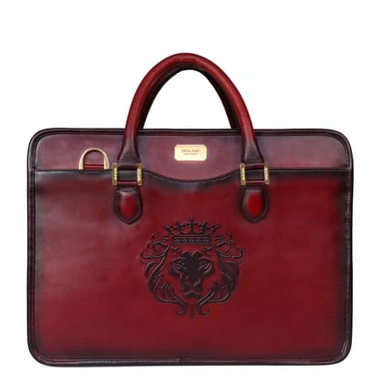 Embossed Lion Wine Leather Laptop Office Briefcase with Organizer Compartment by Brune & Bareskin-FS