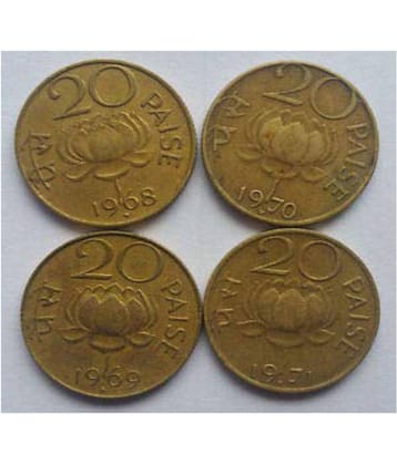 20 Paise Full Set - 4 Coins - 1968,1969,1970,1971 - Nickel Brass Coin - Mixed Mints - Fine Condition - Coins