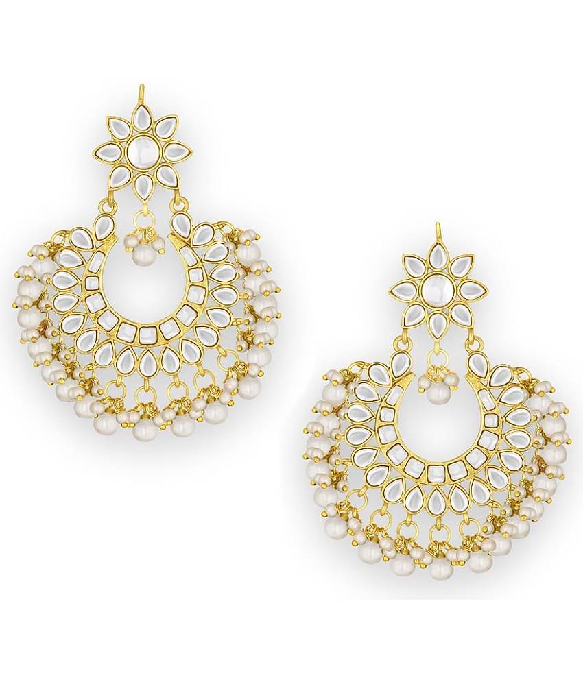 Spargz Pearl Beaded Gold Plated Kundan Festive Wear Chand Bali Earring For Women